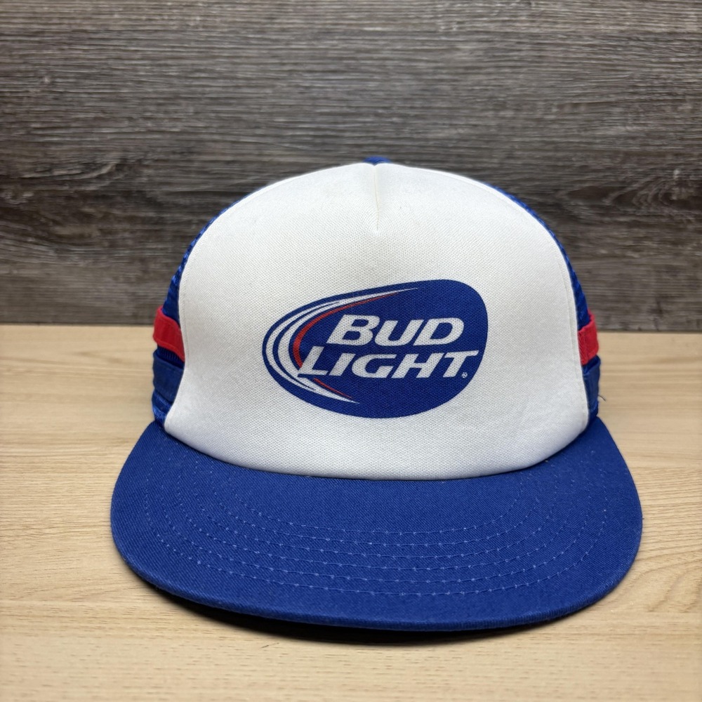 Bud Light Hat Cap Snap Back Mens One Size Blue Mesh Trucker Beer Baseball